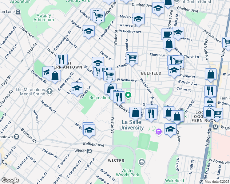 map of restaurants, bars, coffee shops, grocery stores, and more near 5749 Wister Street in Philadelphia