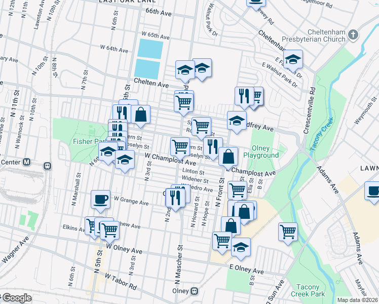 map of restaurants, bars, coffee shops, grocery stores, and more near 175 Roselyn St in Philadelphia