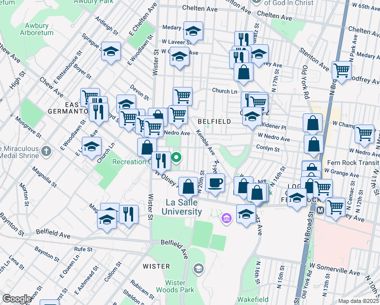 map of restaurants, bars, coffee shops, grocery stores, and more near 5751 North Lambert Street in Philadelphia