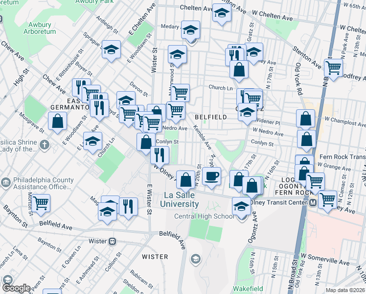 map of restaurants, bars, coffee shops, grocery stores, and more near 2048 Conlyn Street in Philadelphia