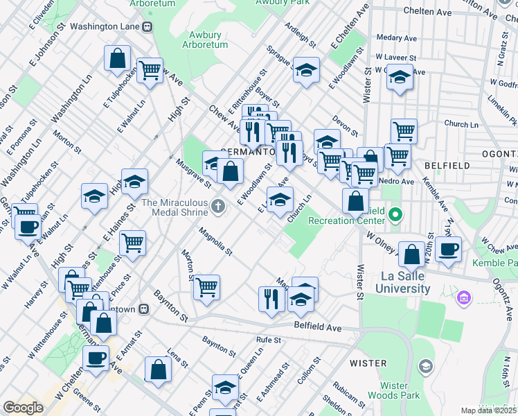 map of restaurants, bars, coffee shops, grocery stores, and more near 619 East Locust Avenue in Philadelphia