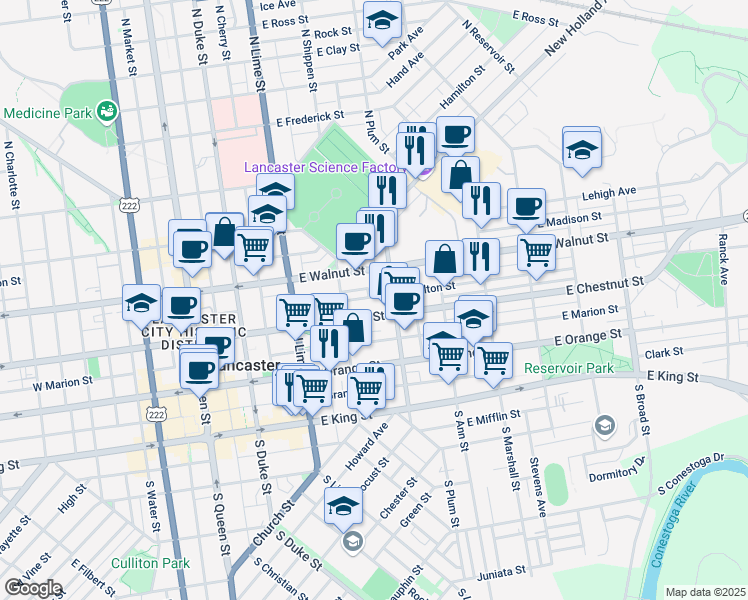 map of restaurants, bars, coffee shops, grocery stores, and more near 338 East Fulton Street in Lancaster