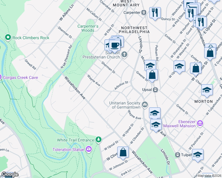 map of restaurants, bars, coffee shops, grocery stores, and more near 6657 Wayne Avenue in Philadelphia