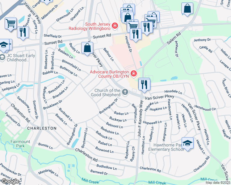 map of restaurants, bars, coffee shops, grocery stores, and more near 40 Buttonbush Lane in Willingboro
