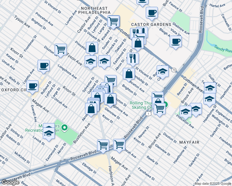 map of restaurants, bars, coffee shops, grocery stores, and more near 2104 Tyson Ave in Philadelphia