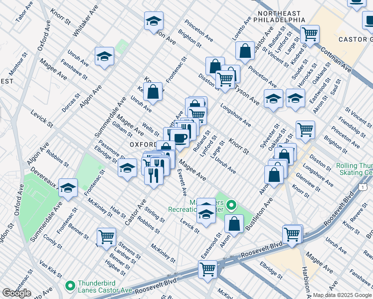 map of restaurants, bars, coffee shops, grocery stores, and more near 6629 Castor Avenue in Philadelphia