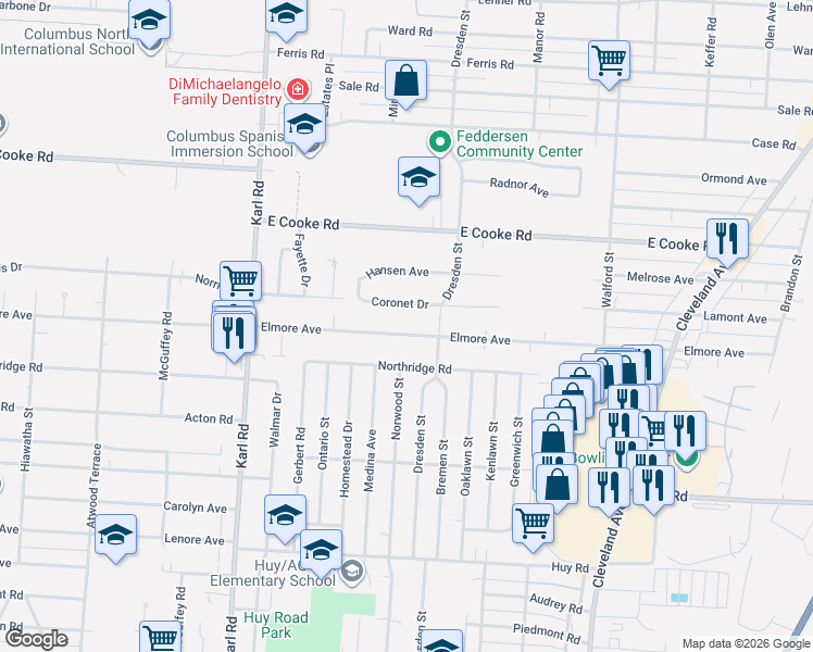 map of restaurants, bars, coffee shops, grocery stores, and more near 1648 Elmore Avenue in Columbus