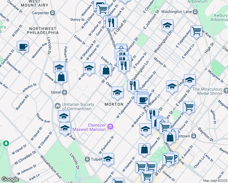 map of restaurants, bars, coffee shops, grocery stores, and more near 6330 Cherokee Street in Philadelphia
