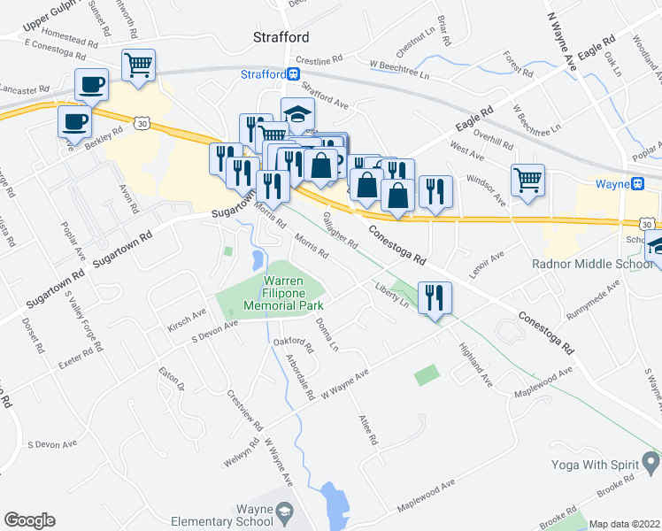 map of restaurants, bars, coffee shops, grocery stores, and more near 351 Morris Road in Wayne