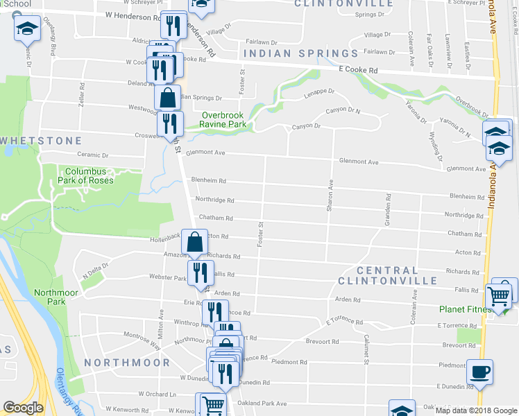 map of restaurants, bars, coffee shops, grocery stores, and more near 147 Northridge Road in Columbus
