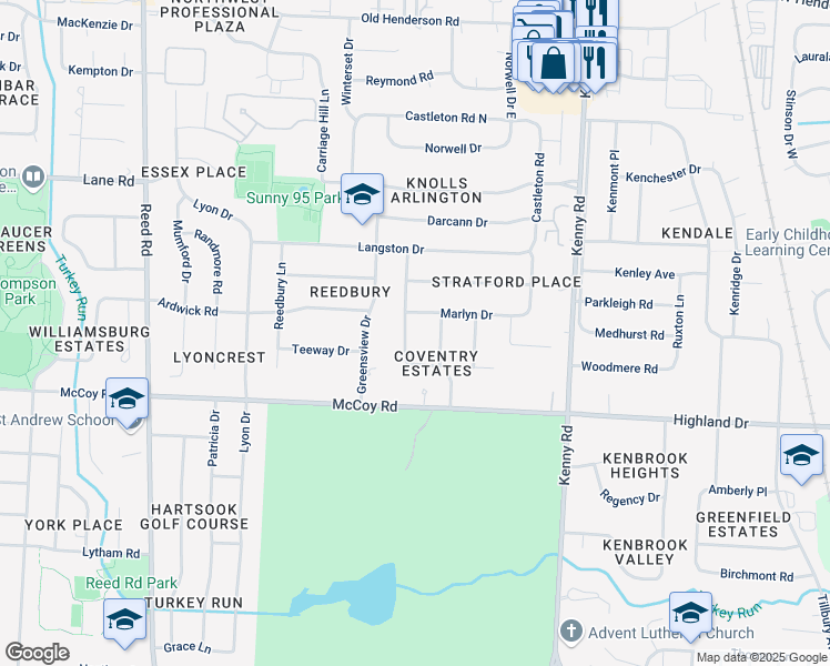 map of restaurants, bars, coffee shops, grocery stores, and more near 4174 Chadbourne Drive in Columbus