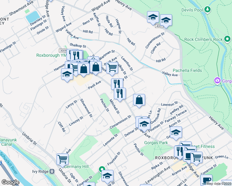 map of restaurants, bars, coffee shops, grocery stores, and more near 6808 Ridge Avenue in Philadelphia