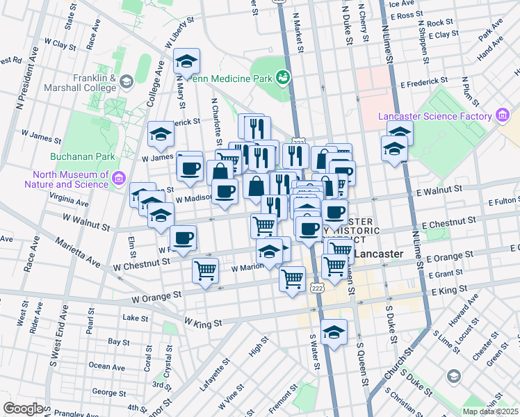 map of restaurants, bars, coffee shops, grocery stores, and more near 306 North Mulberry Street in Lancaster