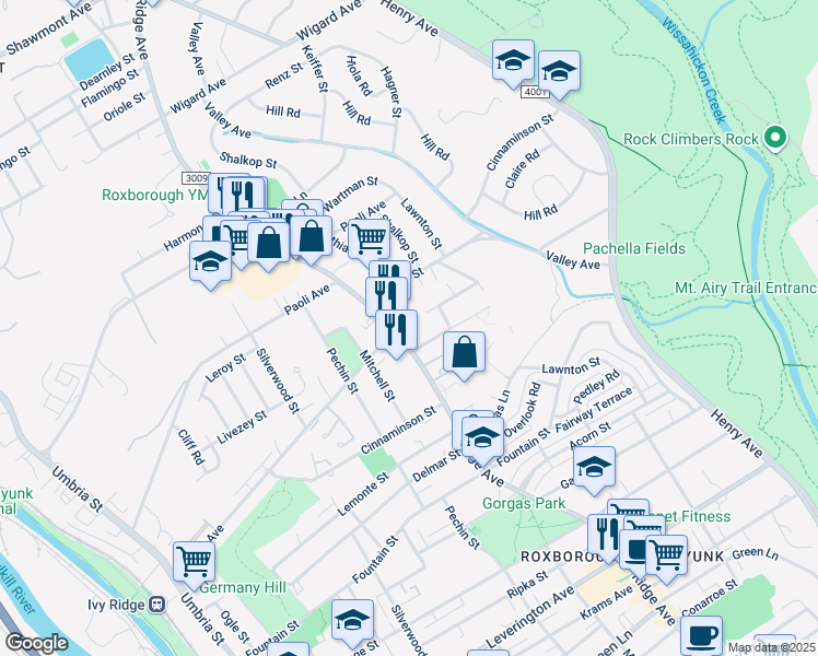 map of restaurants, bars, coffee shops, grocery stores, and more near 6789 Ridge Avenue in Philadelphia