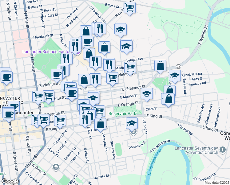 map of restaurants, bars, coffee shops, grocery stores, and more near 700 Pennsylvania 23 in Lancaster