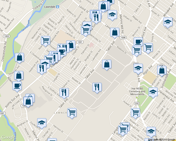 map of restaurants, bars, coffee shops, grocery stores, and more near 5939 Bennington St in Philadelphia