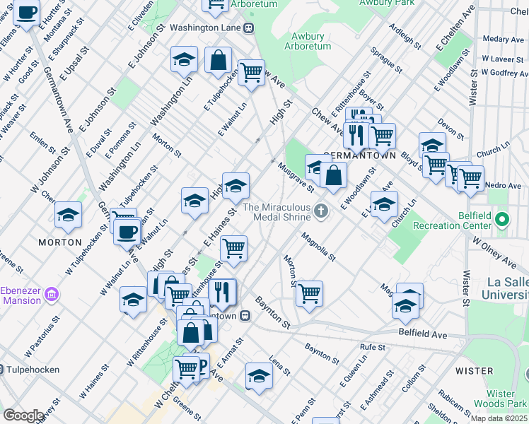 map of restaurants, bars, coffee shops, grocery stores, and more near 470 East Rittenhouse Street in Philadelphia