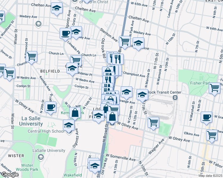 map of restaurants, bars, coffee shops, grocery stores, and more near 5810 North Broad Street in Philadelphia