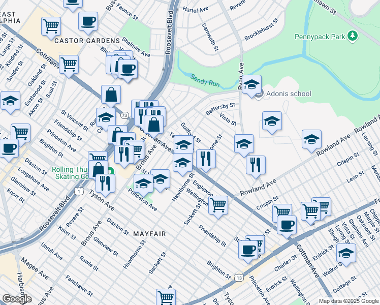 map of restaurants, bars, coffee shops, grocery stores, and more near 3014 Teesdale Street in Philadelphia