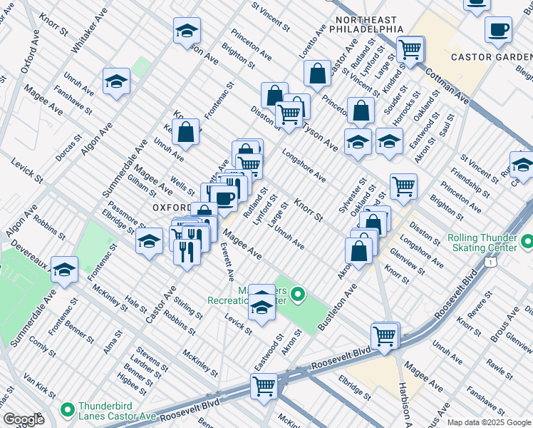 map of restaurants, bars, coffee shops, grocery stores, and more near 6705 Lynford St in Philadelphia