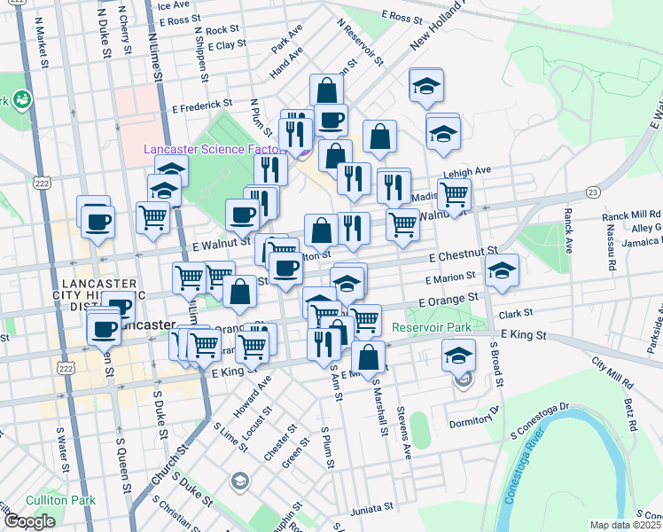 map of restaurants, bars, coffee shops, grocery stores, and more near 511 East Chestnut Street in Lancaster
