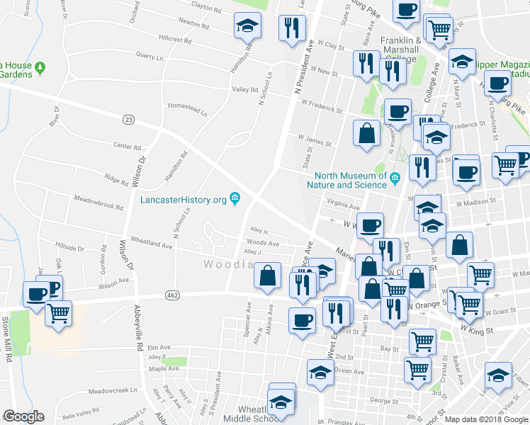 map of restaurants, bars, coffee shops, grocery stores, and more near 1042 Marietta Avenue in Lancaster