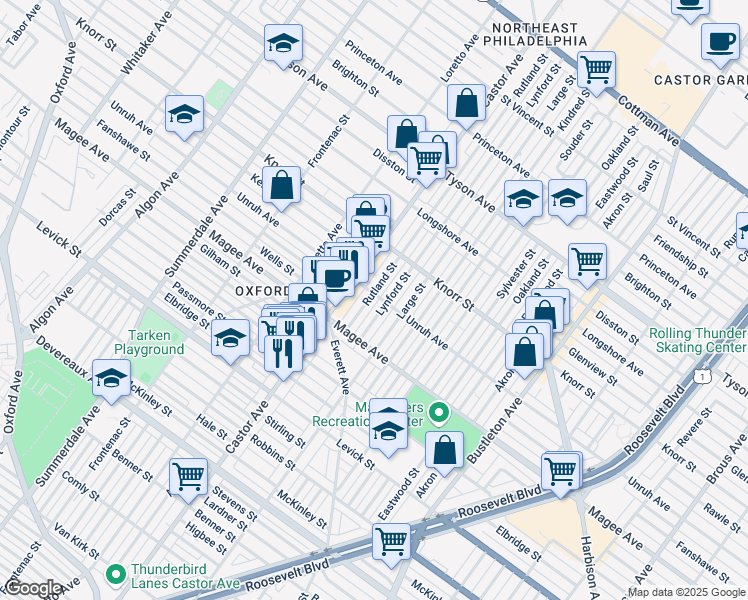 map of restaurants, bars, coffee shops, grocery stores, and more near 6657 Rutland Street in Philadelphia