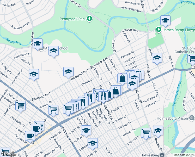 map of restaurants, bars, coffee shops, grocery stores, and more near 3405 Meridian Street in Philadelphia