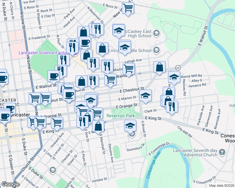 map of restaurants, bars, coffee shops, grocery stores, and more near 746 East Chestnut Street in Lancaster