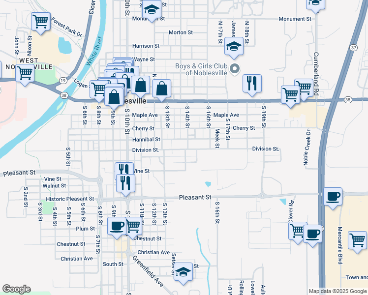 map of restaurants, bars, coffee shops, grocery stores, and more near 399 South 14th Street in Noblesville