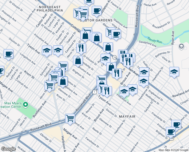 map of restaurants, bars, coffee shops, grocery stores, and more near 2239 Princeton Avenue in Philadelphia