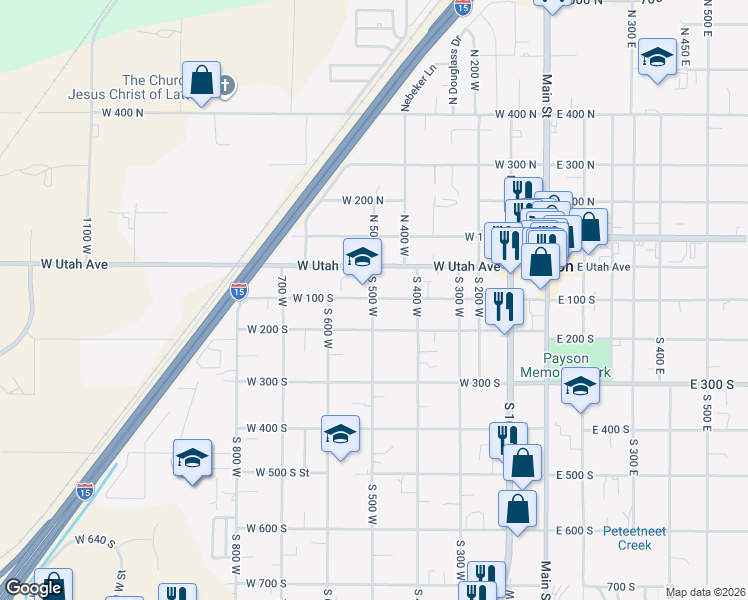 map of restaurants, bars, coffee shops, grocery stores, and more near 107 South 500 West in Payson