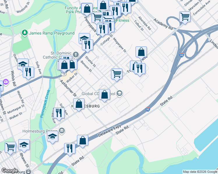 map of restaurants, bars, coffee shops, grocery stores, and more near 8600 Torresdale Avenue in Philadelphia