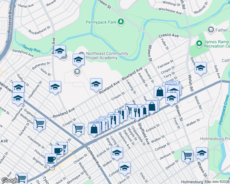 map of restaurants, bars, coffee shops, grocery stores, and more near 3336 Sheffield Avenue in Philadelphia