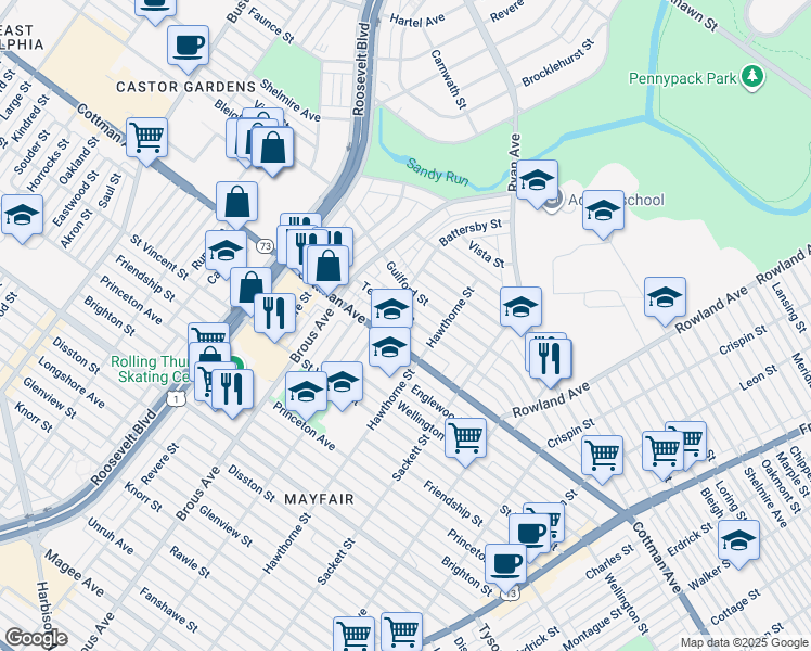 map of restaurants, bars, coffee shops, grocery stores, and more near 3014 Teesdale Street in Philadelphia