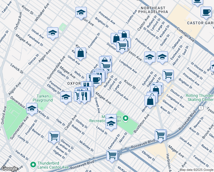map of restaurants, bars, coffee shops, grocery stores, and more near 6657 Rutland Street in Philadelphia