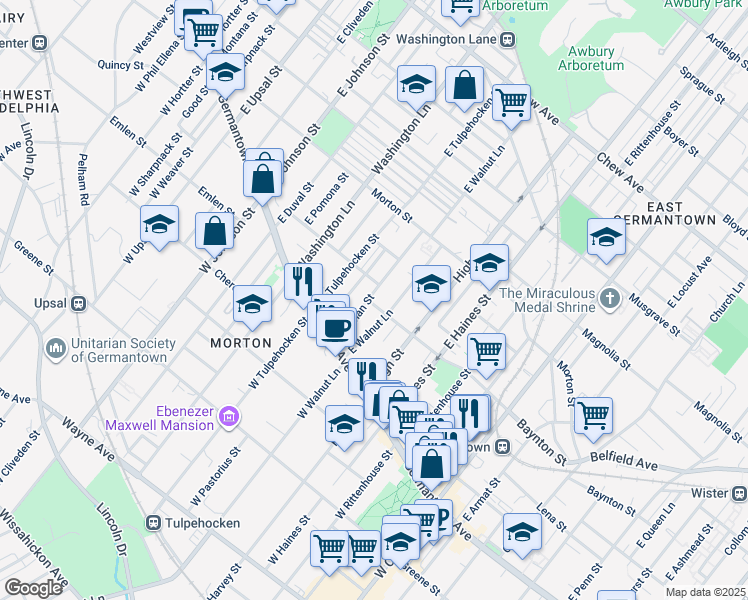 map of restaurants, bars, coffee shops, grocery stores, and more near 6111 Baynton Street in Philadelphia
