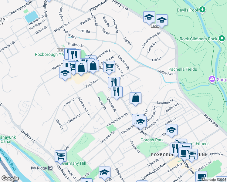 map of restaurants, bars, coffee shops, grocery stores, and more near 6804 Ridge Avenue in Philadelphia