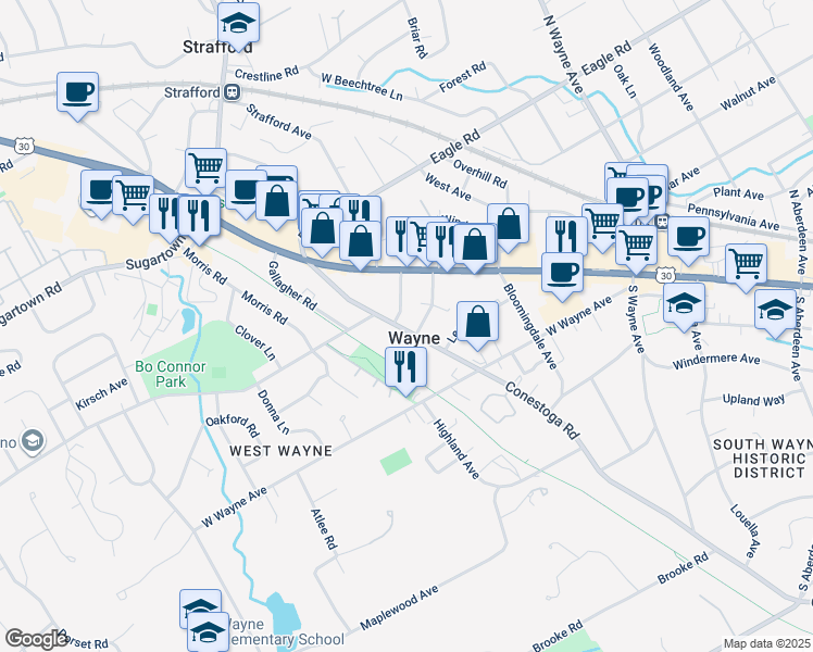 map of restaurants, bars, coffee shops, grocery stores, and more near 155 Conestoga Road in Wayne