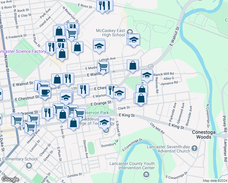 map of restaurants, bars, coffee shops, grocery stores, and more near 904 Grofftown Road in Lancaster