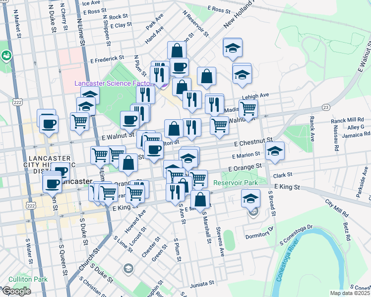map of restaurants, bars, coffee shops, grocery stores, and more near 527 East Chestnut Street in Lancaster