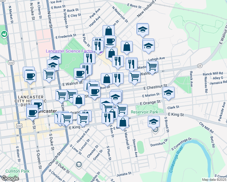 map of restaurants, bars, coffee shops, grocery stores, and more near 525 East Chestnut Street in Lancaster