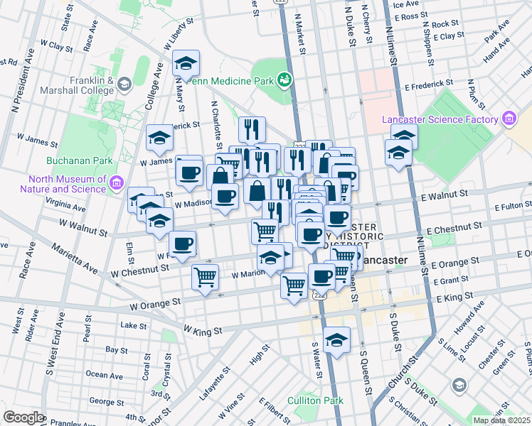 map of restaurants, bars, coffee shops, grocery stores, and more near 251 West Walnut Street in Lancaster