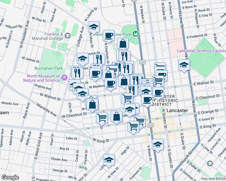 map of restaurants, bars, coffee shops, grocery stores, and more near 411 West Walnut Street in Lancaster