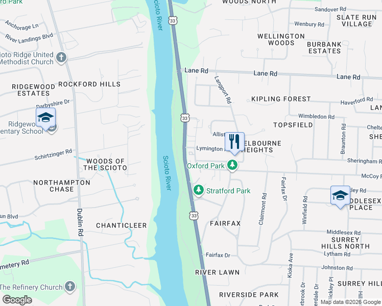 map of restaurants, bars, coffee shops, grocery stores, and more near 4375 Latin Lane in Upper Arlington