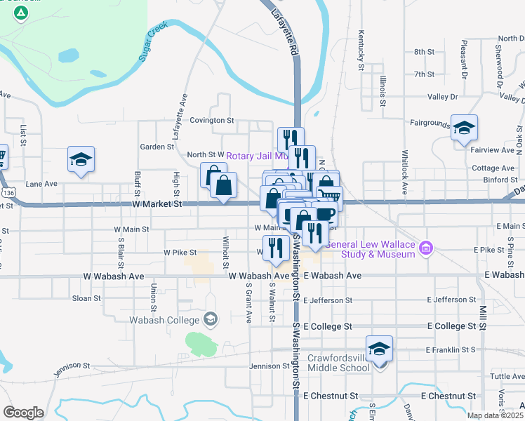 map of restaurants, bars, coffee shops, grocery stores, and more near 112 North Grant Avenue in Crawfordsville