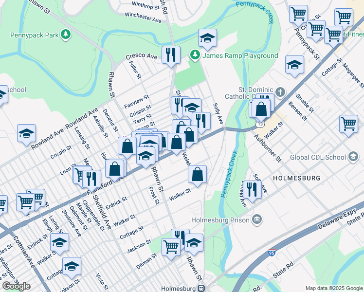 map of restaurants, bars, coffee shops, grocery stores, and more near 8100 U.S. 13 in Philadelphia