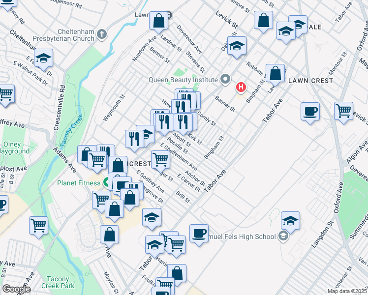 map of restaurants, bars, coffee shops, grocery stores, and more near 557 1/2 Rosalie Street in Philadelphia