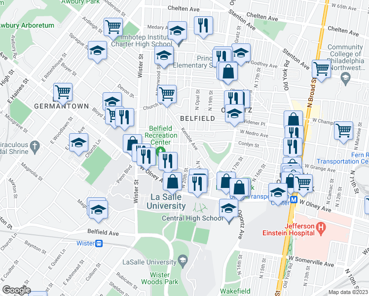 map of restaurants, bars, coffee shops, grocery stores, and more near 5766 North 20th Street in Philadelphia
