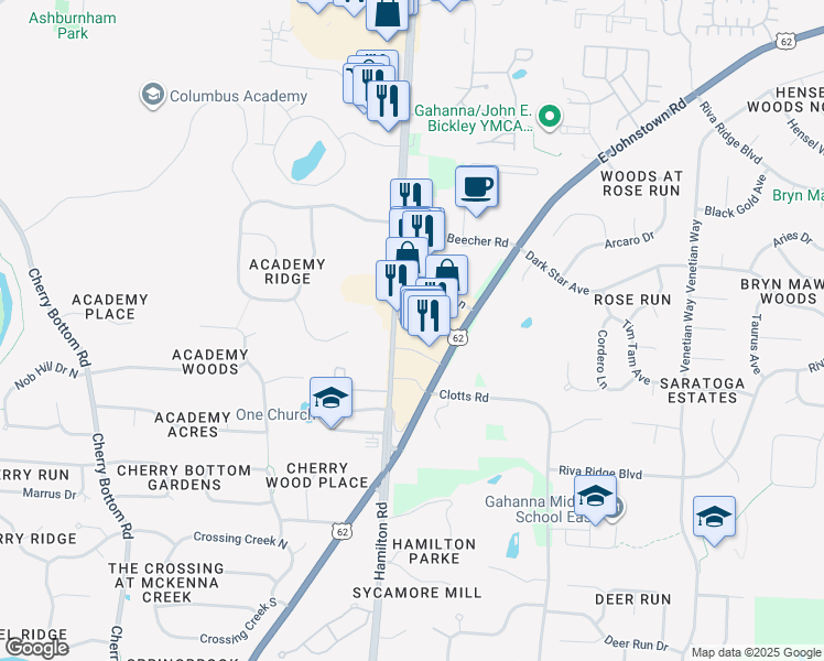 map of restaurants, bars, coffee shops, grocery stores, and more near 920 North Hamilton Road in Gahanna